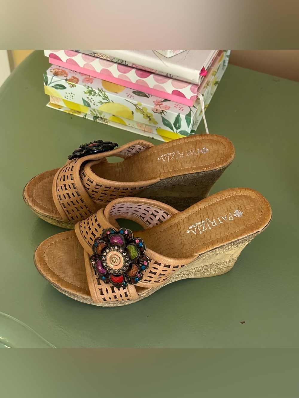 Patrizia Spring Step Tan Floral Jewel Accent Slide Platform Wedge Sandal 38/7.5 - Picture 8 of 13